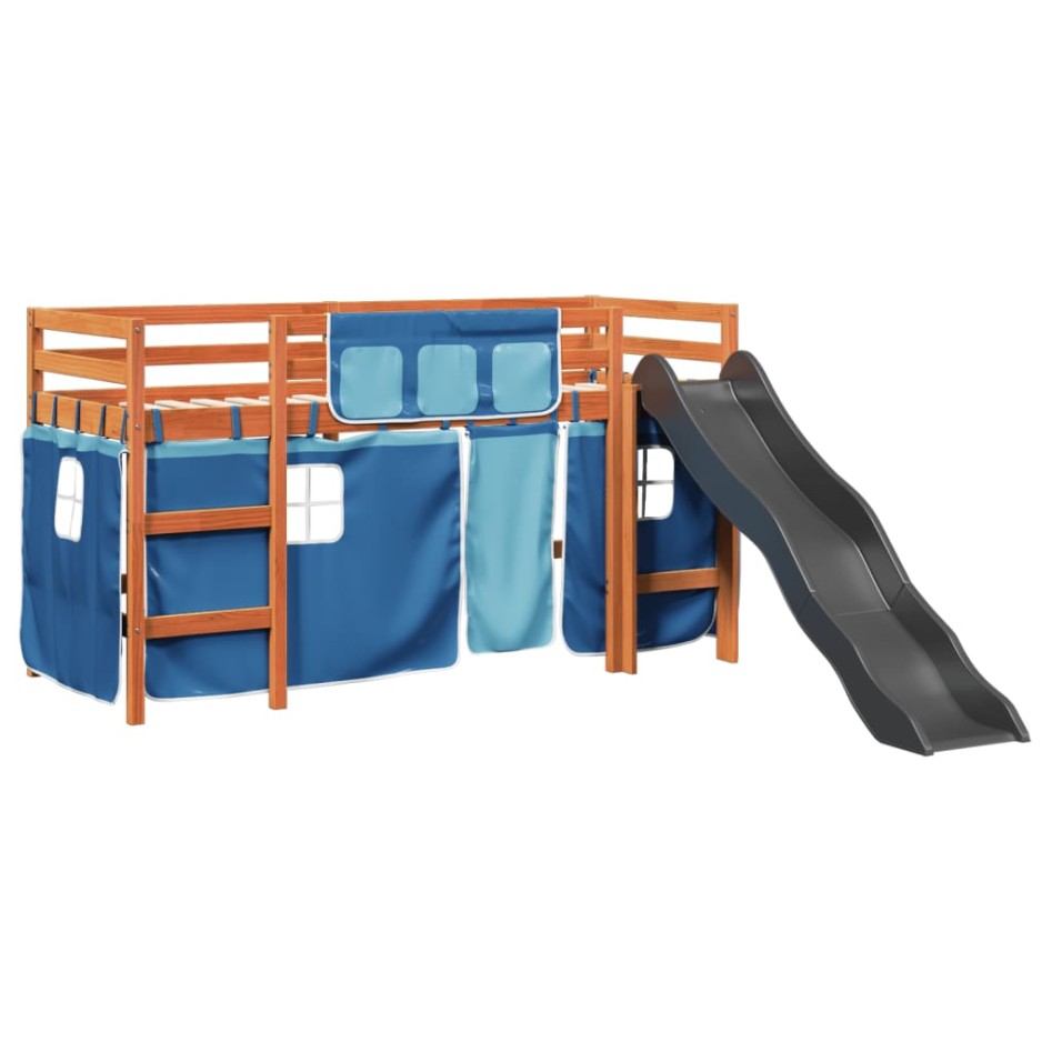 Cama alta para niños con cortinas madera pino azul 90x200