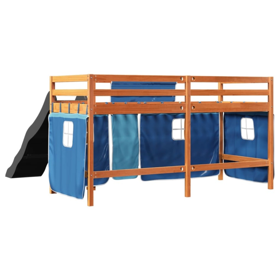 Cama alta para niños con cortinas madera pino azul 90x200