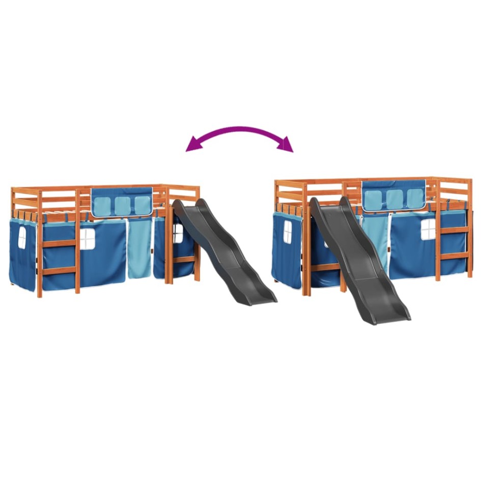 Cama alta para niños con cortinas madera pino azul 90x200