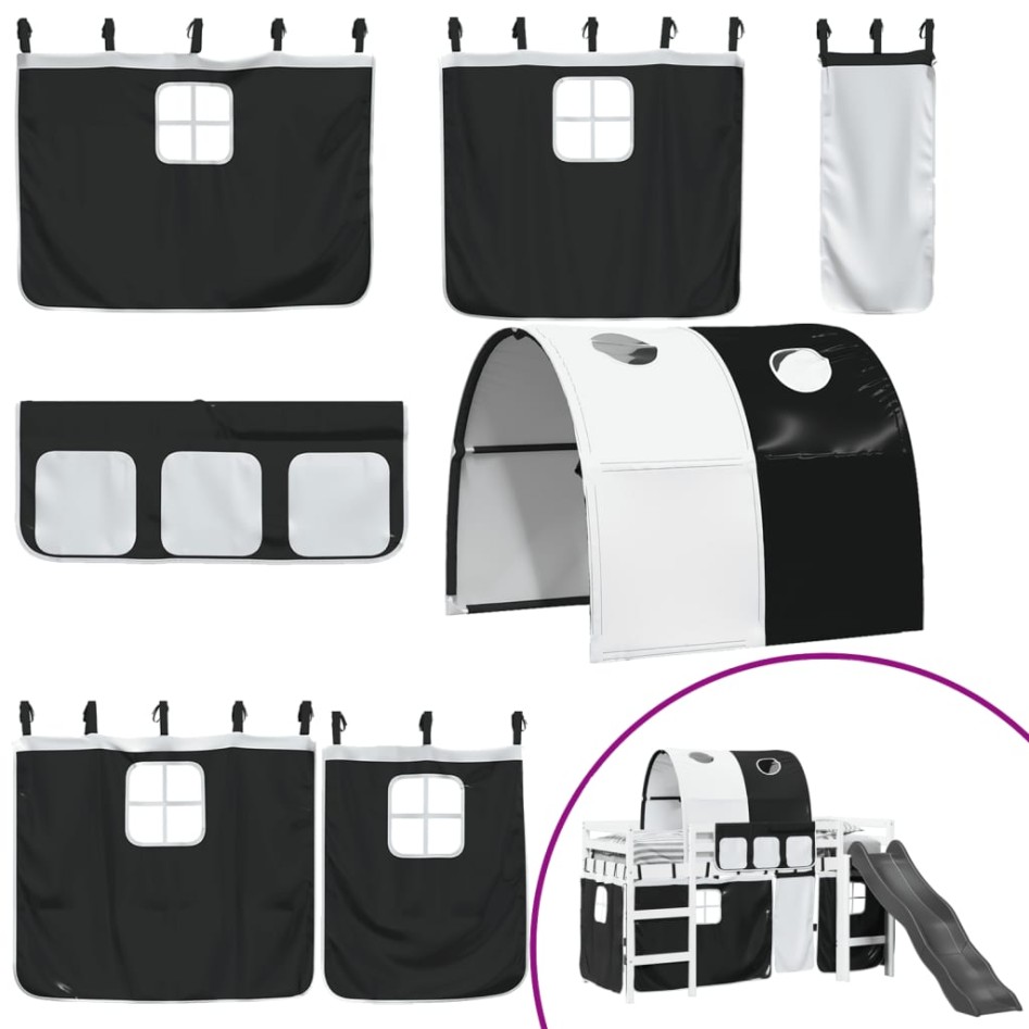 Cama alta niños con túnel madera pino blanco negro 90x200