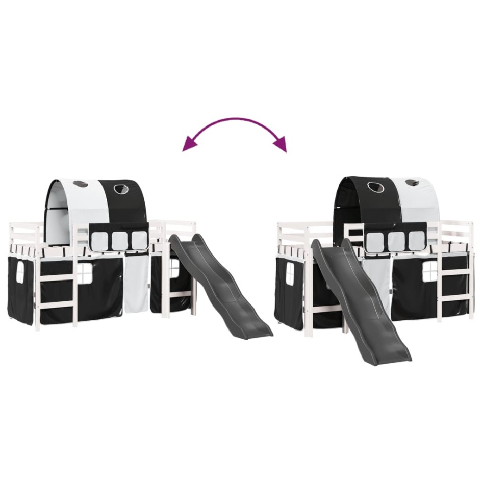 Cama alta niños con túnel madera pino blanco negro 90x200