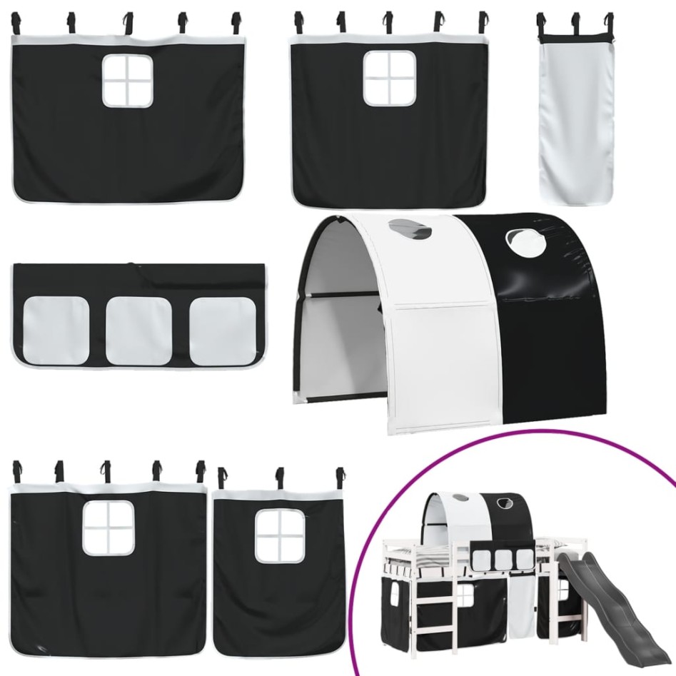 Cama alta niños con túnel madera pino blanco negro 80x200