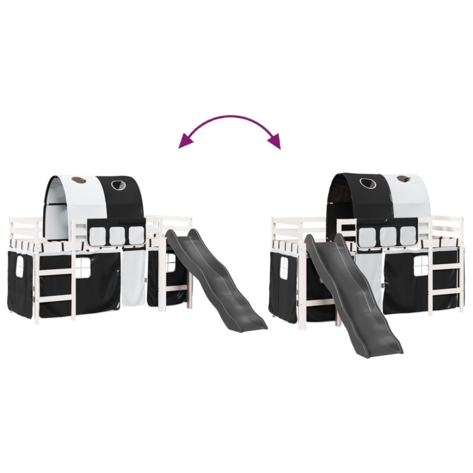 Cama alta niños con túnel madera pino blanco negro 80x200