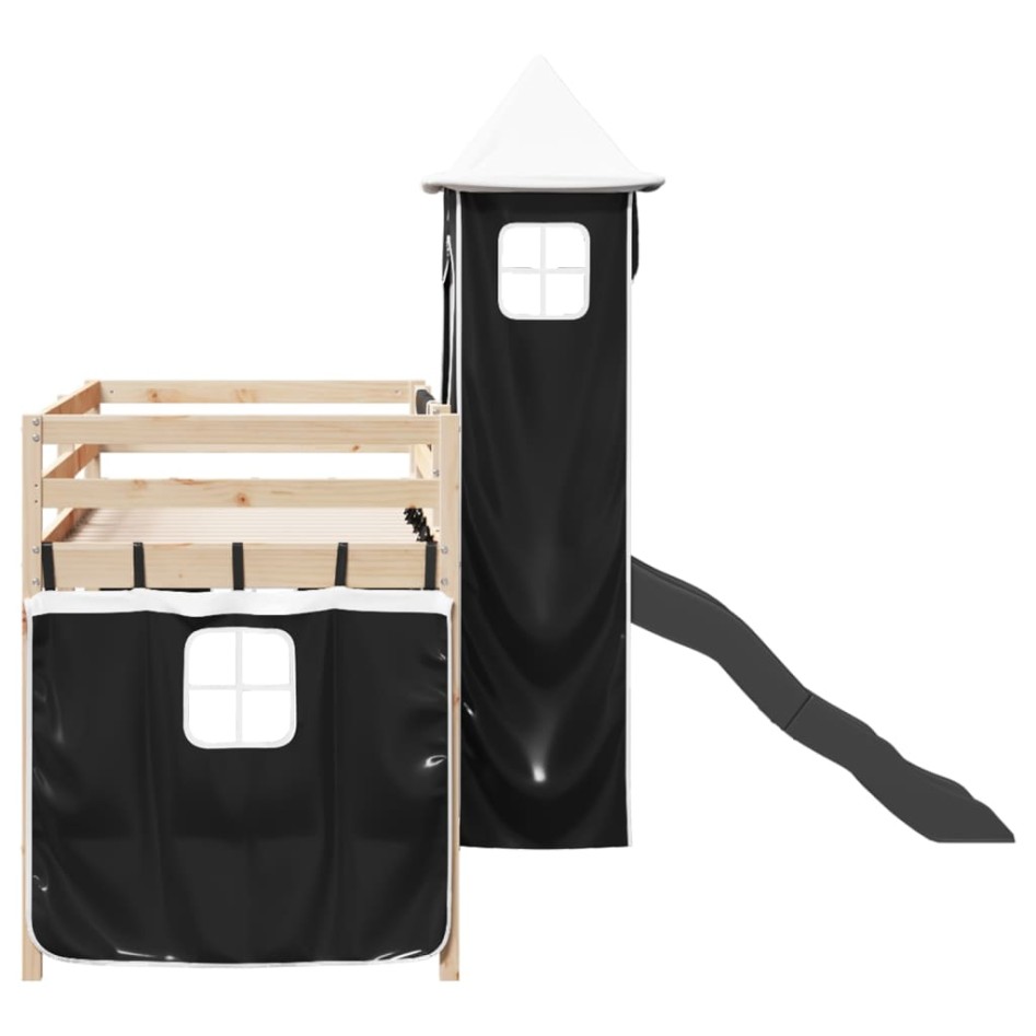 Cama alta niños con torre madera pino blanco negro 80x200