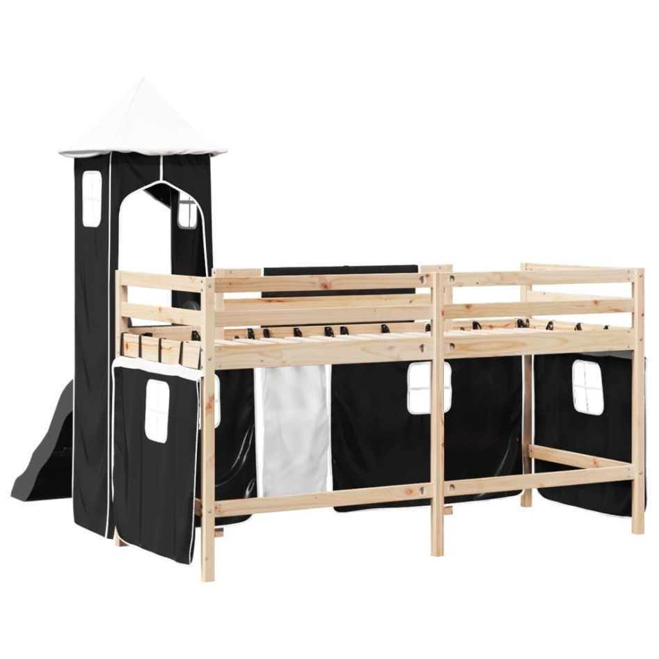 Cama alta niños con torre madera pino blanco negro 80x200