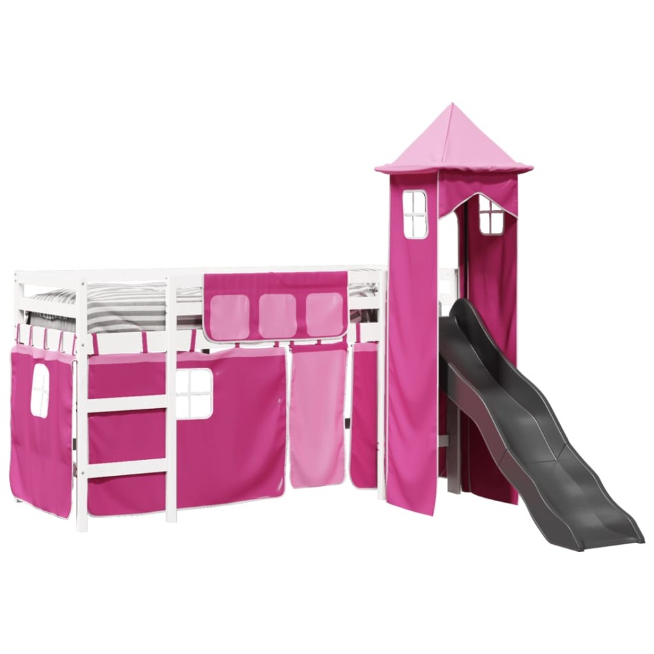 Cama alta para niños con torre madera pino rosa 90x200