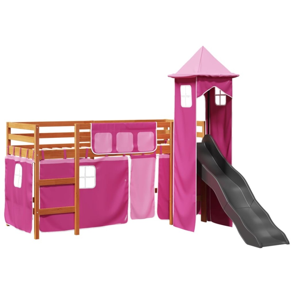 Cama alta para niños con torre madera pino rosa 80x200