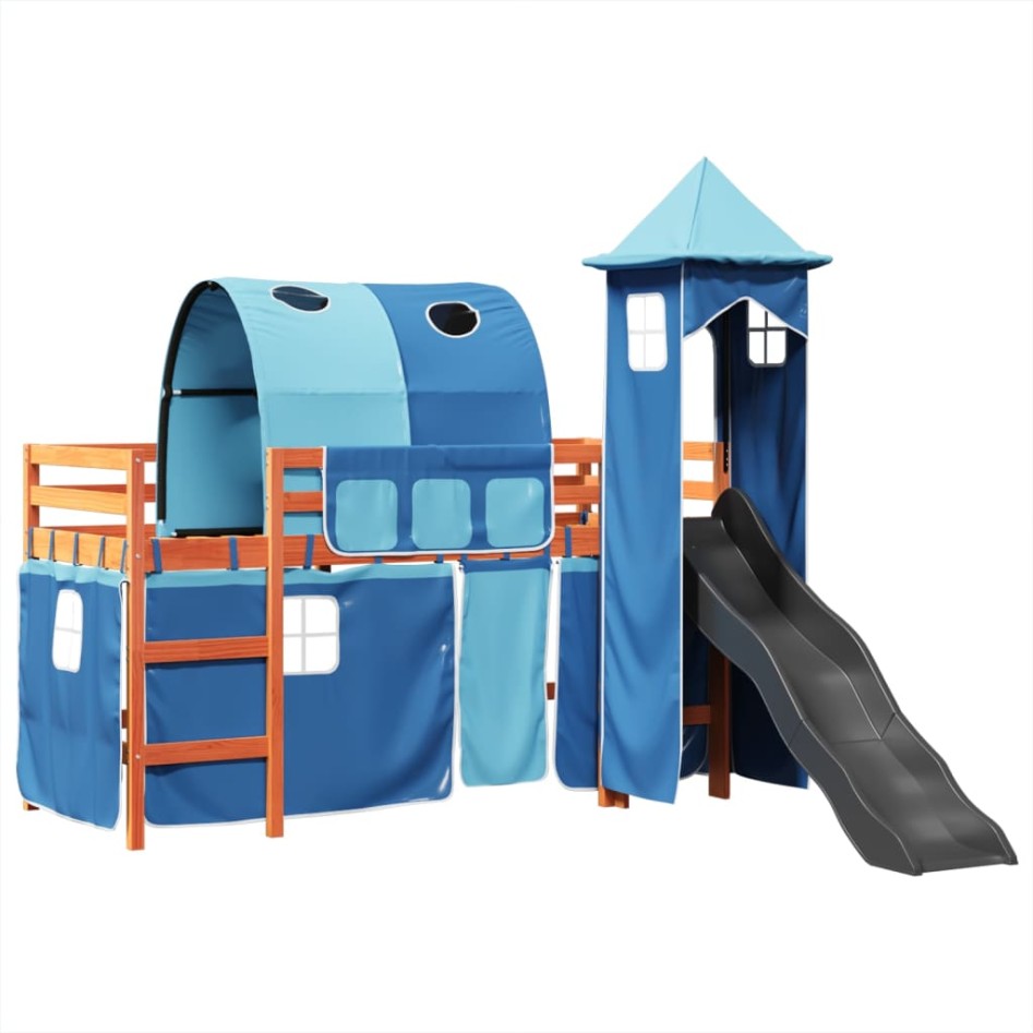 Cama alta para niños con torre madera pino azul 90x190