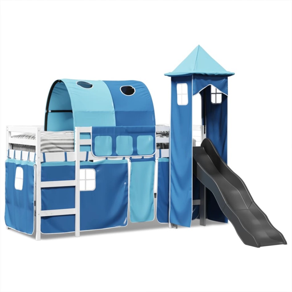 Cama alta para niños con torre madera pino azul 90x200