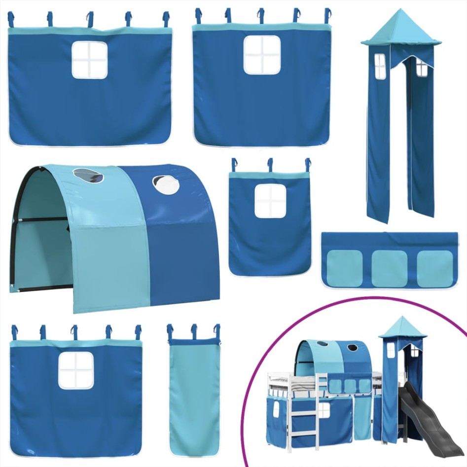 Cama alta para niños con torre madera pino azul 90x200