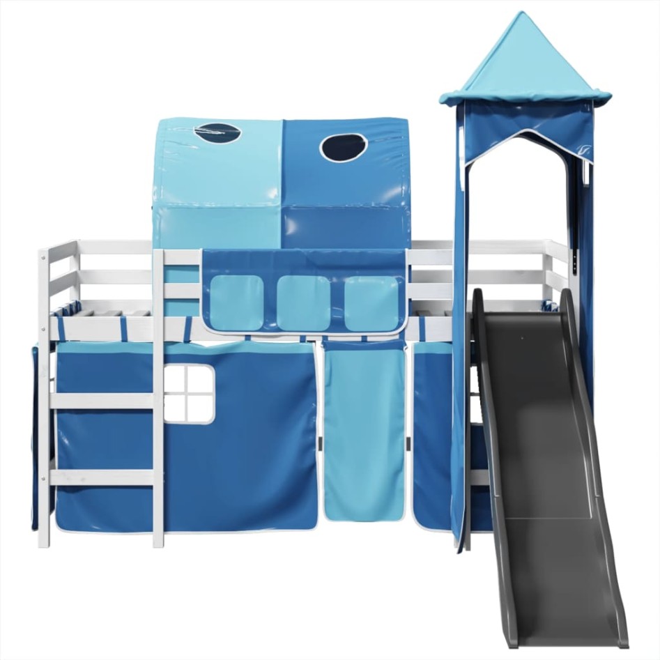 Cama alta para niños con torre madera pino azul 90x200