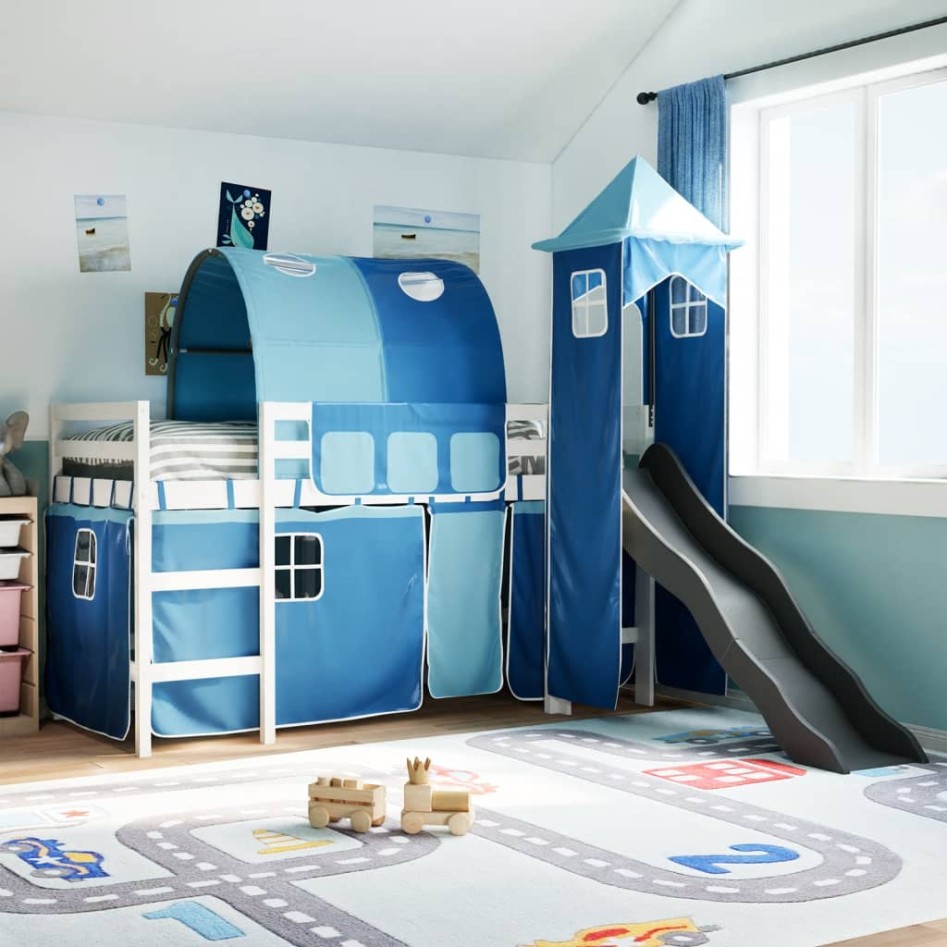 Cama alta para niños con torre madera pino azul 80x200