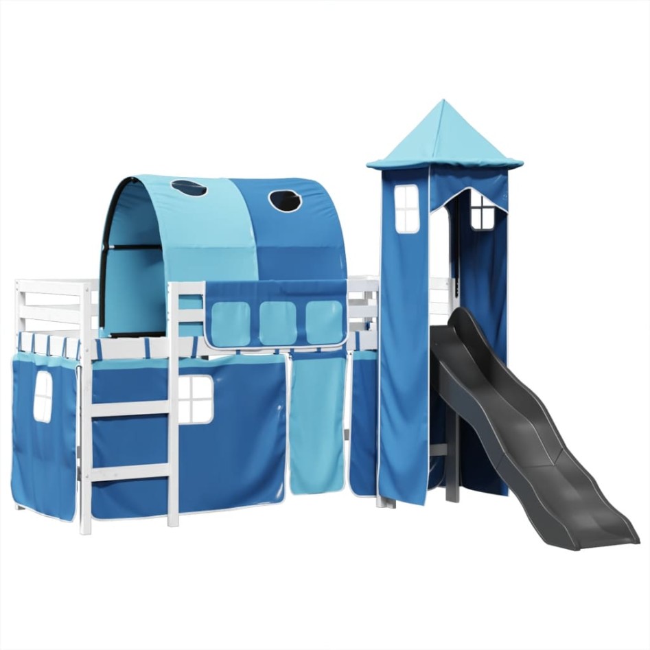 Cama alta para niños con torre madera pino azul 80x200
