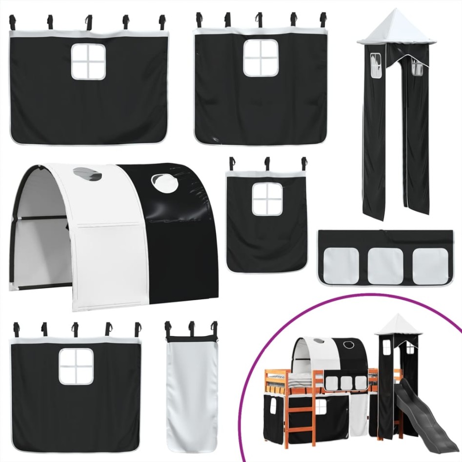 Cama alta niños con torre madera pino blanco negro 80x200