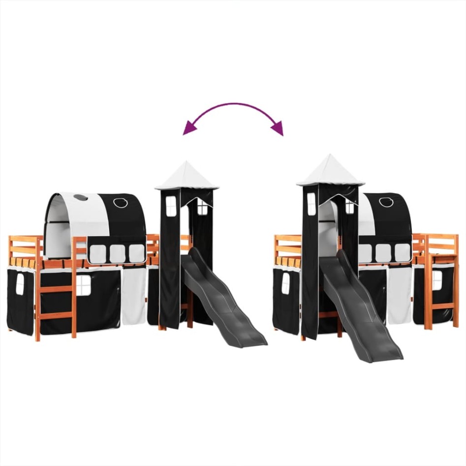 Cama alta niños con torre madera pino blanco negro 80x200