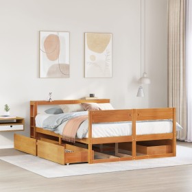 Cama sin colchón madera maciza de pino marrón cera 120x200