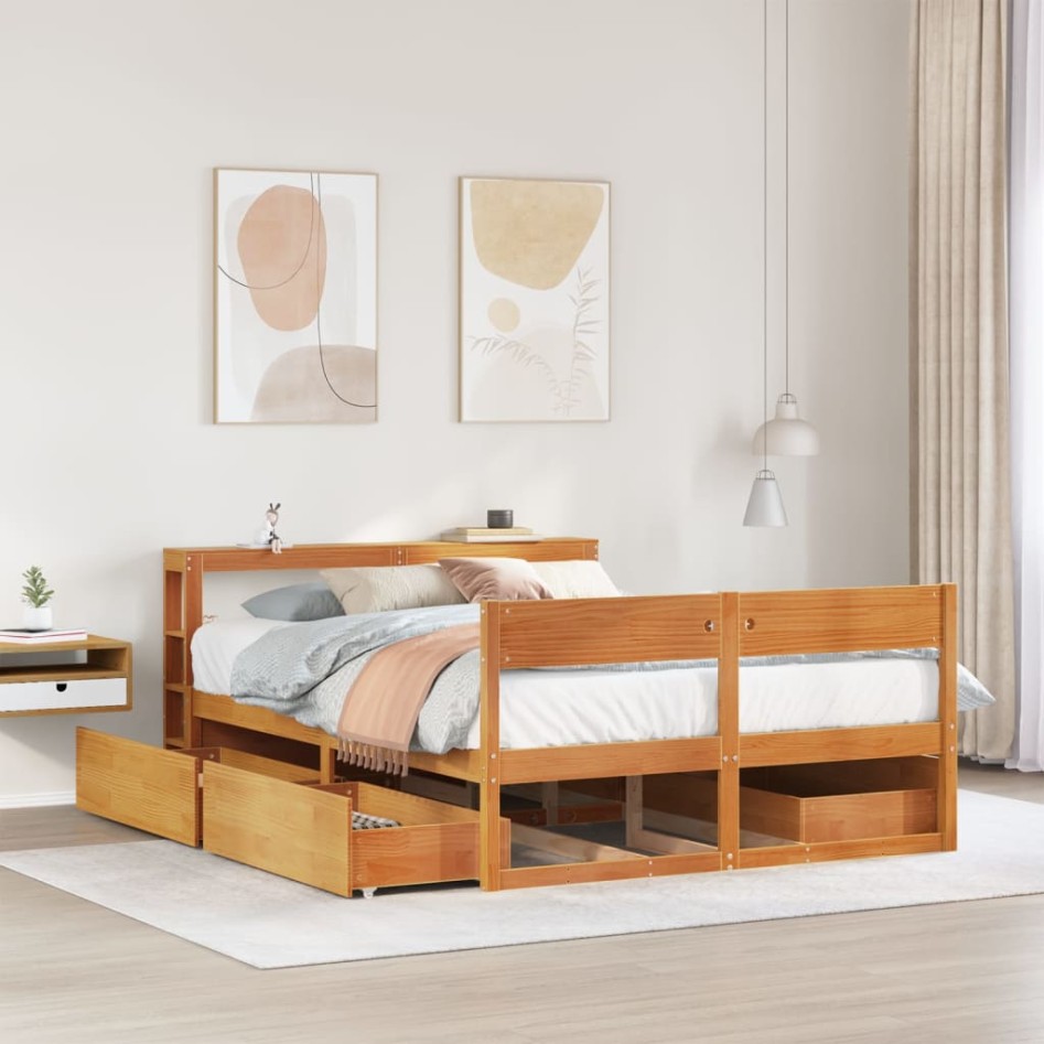 Cama sin colchón madera maciza de pino marrón cera 120x200