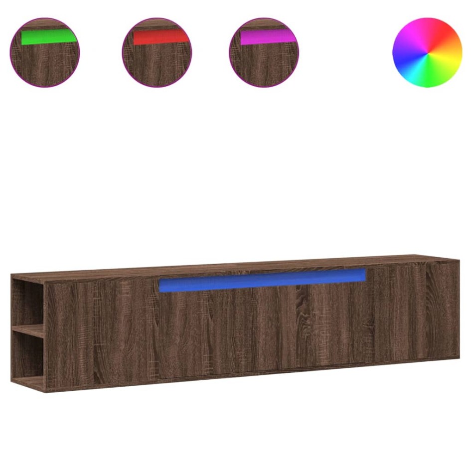 Mueble de TV de pared con luz LED marrón roble 180x31x39,5