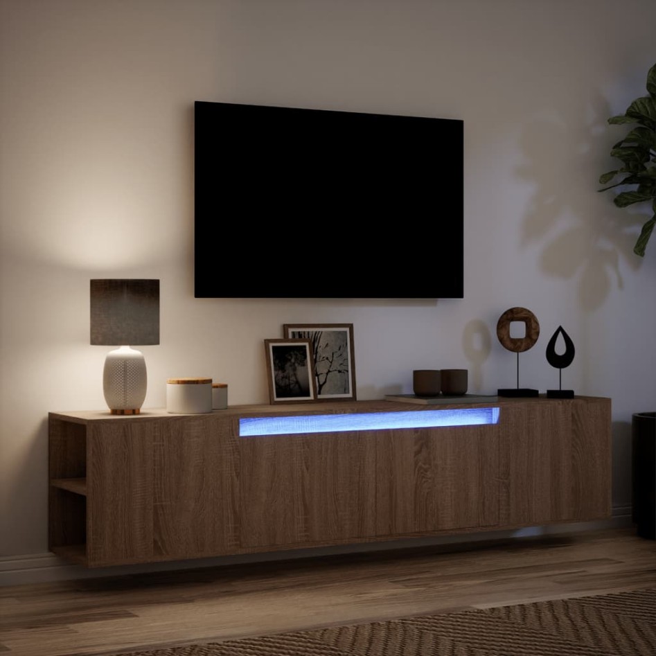Mueble de TV de pared con luz LED marrón roble 180x31x39,5