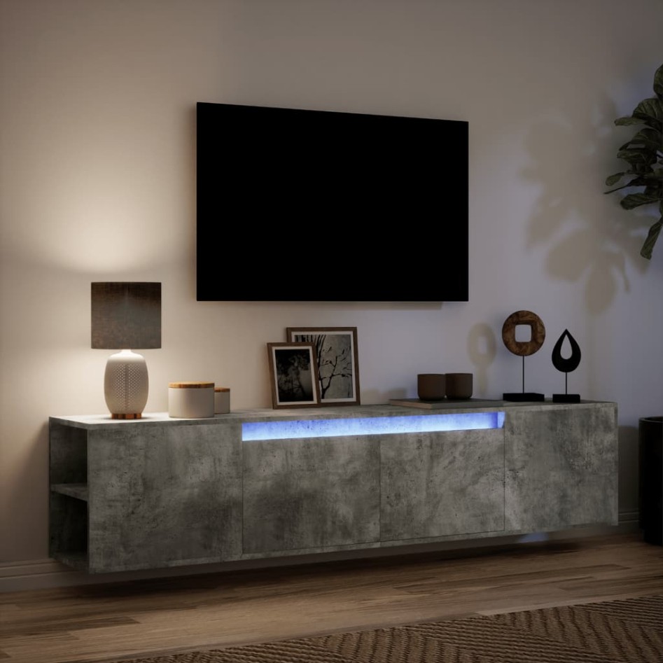Mueble de TV de pared con luz LED gris hormigón 180x31x39,5