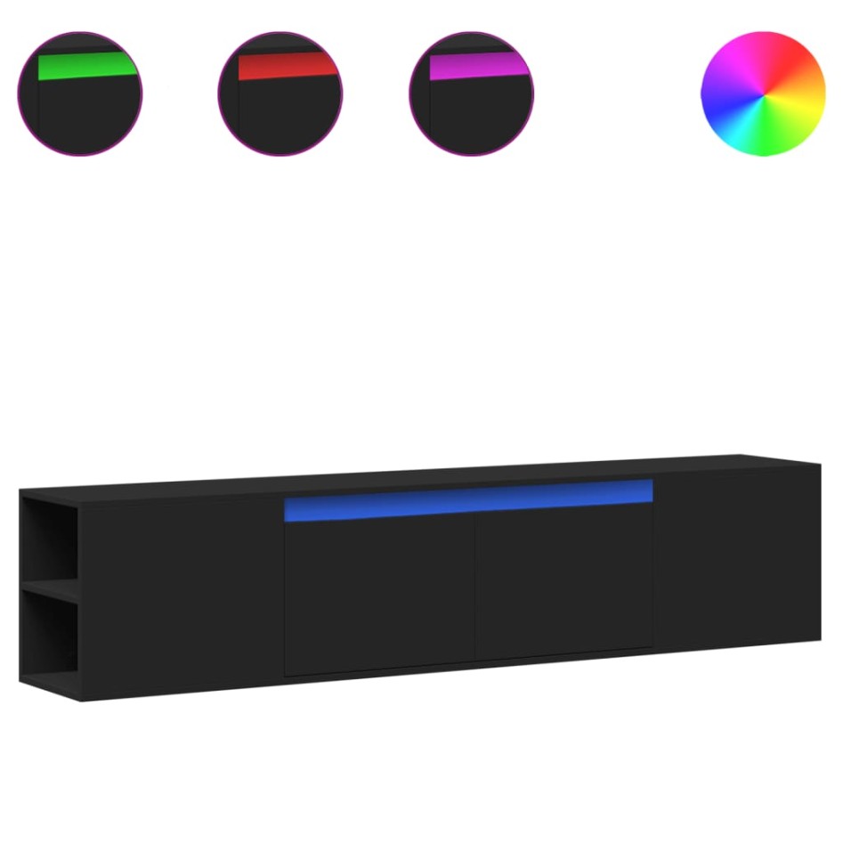 Mueble de TV de pared con luz LED negro 180x31x39,5