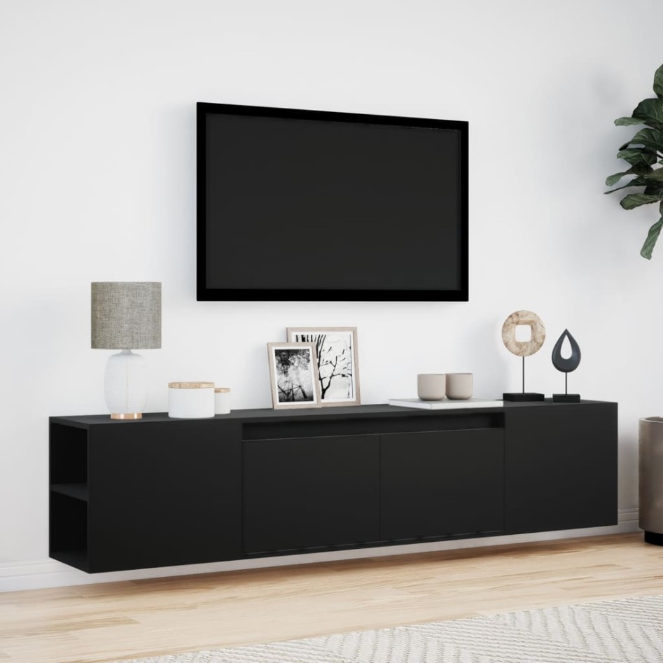 Mueble de TV de pared con luz LED negro 180x31x39,5
