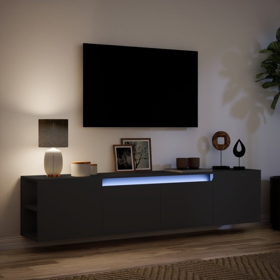 Mueble de TV de pared con luz LED negro 180x31x39,5