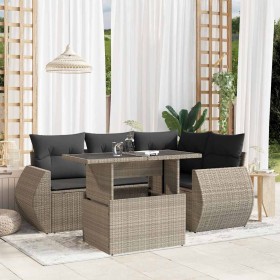 Set de sofás jardín y cojines 5 pzas ratán sintético gris