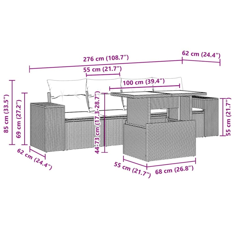 Set de sofás jardín y cojines 5 pzas ratán sintético gris