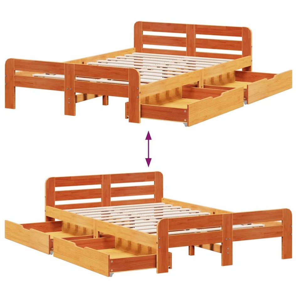 Cama sin colchón madera maciza de pino marrón cera 120x200