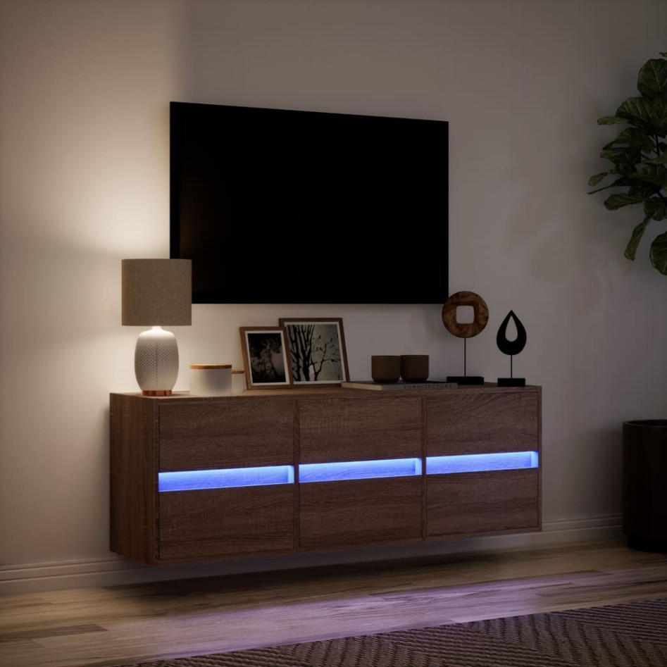 Mueble de TV de pared con luces LED marrón roble 130x31x45