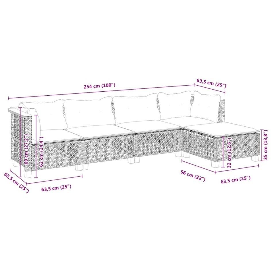 Juego de sofás jardín con cojines 5 pzas ratán sintético