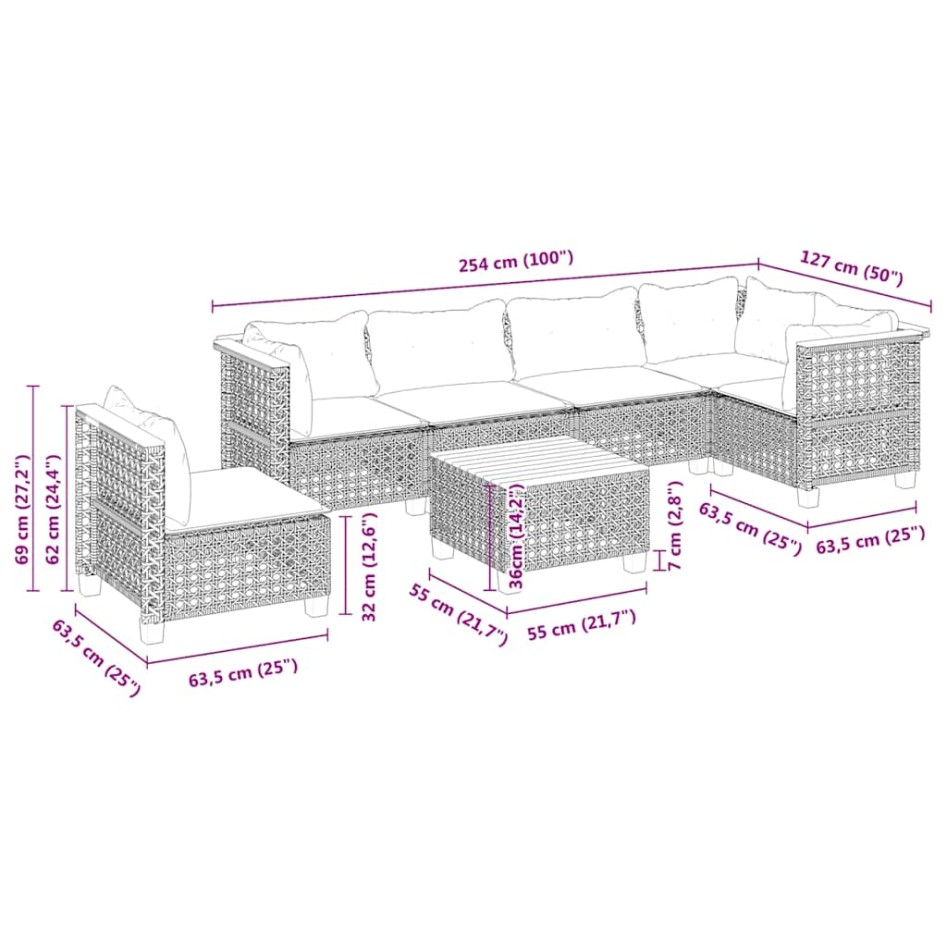 Set sofás de jardín 7 piezas y cojines ratán sintético