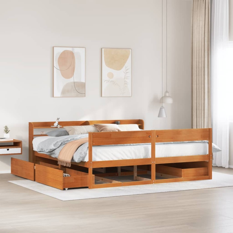 Cama sin colchón madera maciza de pino marrón cera 180x200