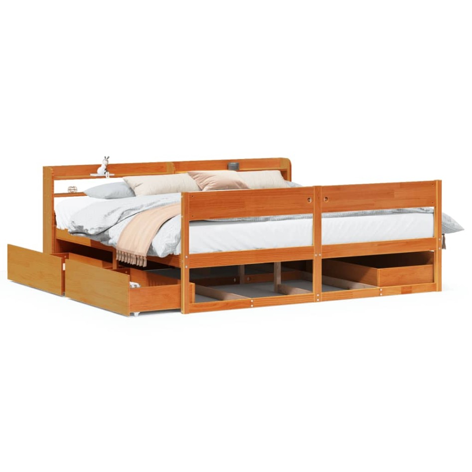 Cama sin colchón madera maciza de pino marrón cera 180x200