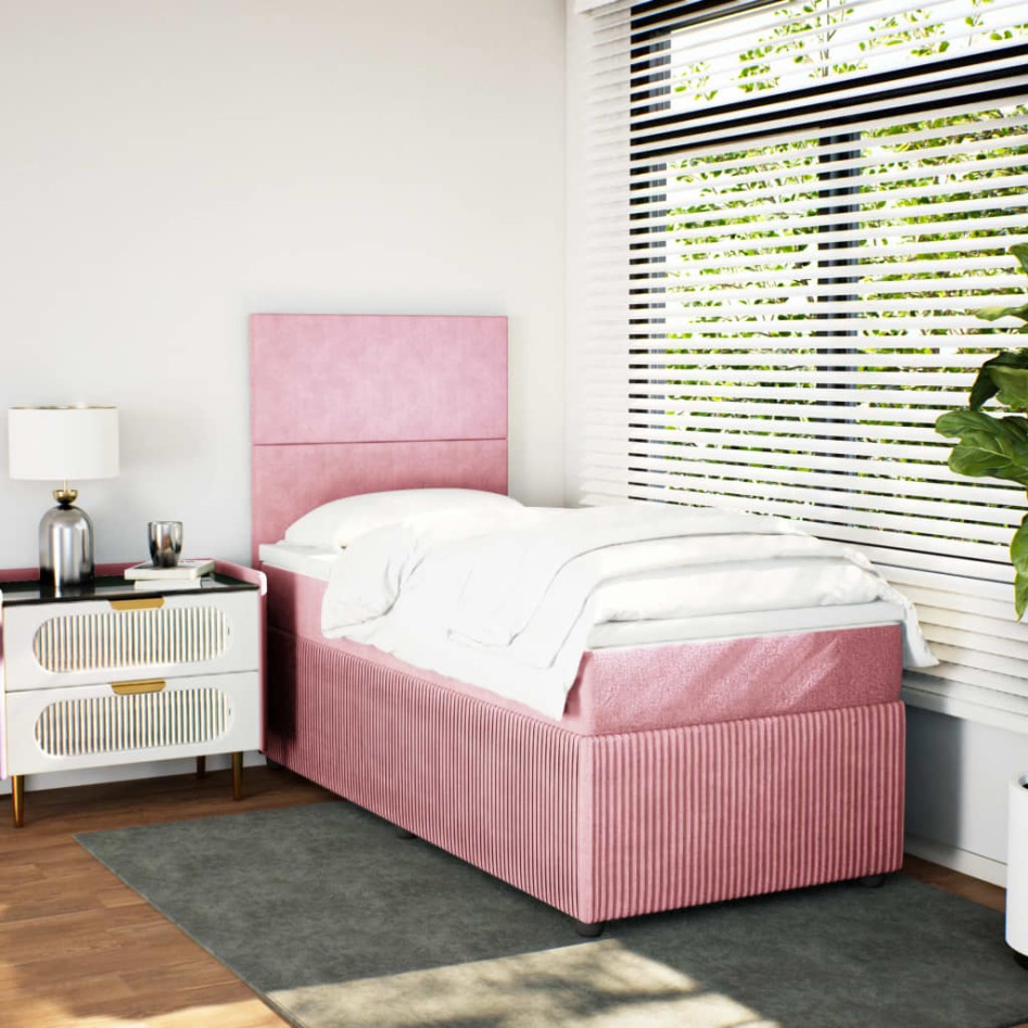 Cama box spring con colchón terciopelo rosa 80x200