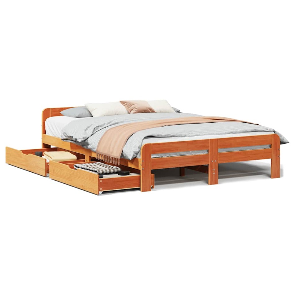 Cama sin colchón madera maciza de pino marrón cera 160x200