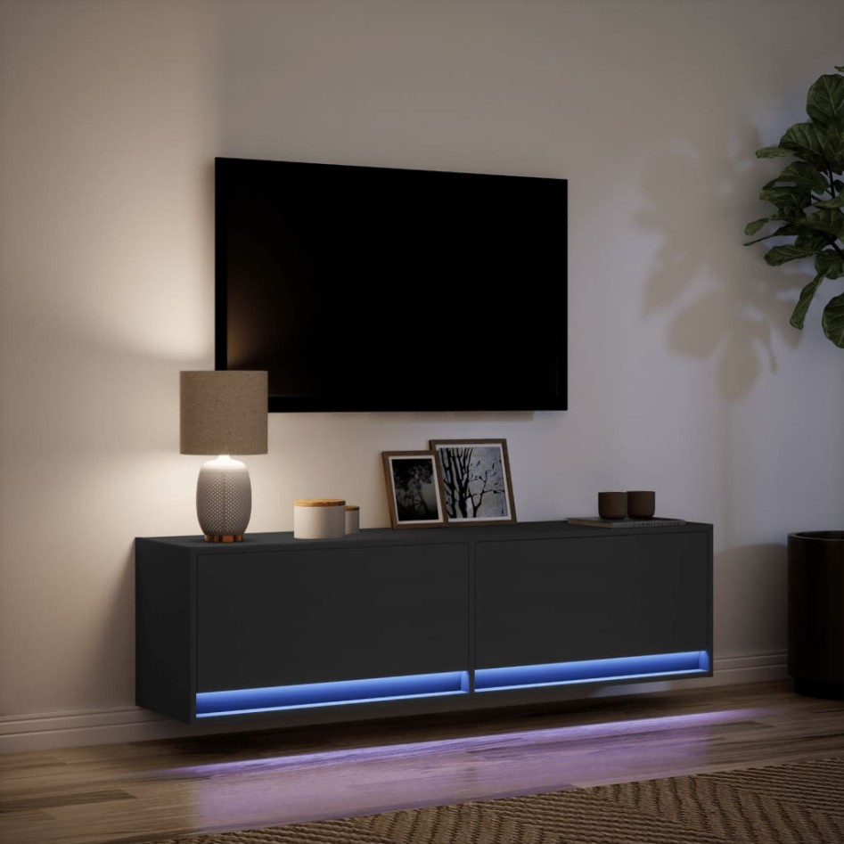 Mueble de TV de pared con luces LED negro 140x31x38