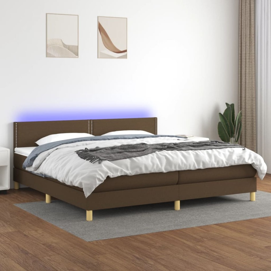 Cama box spring con colchón LED tela marrón oscuro 200x200