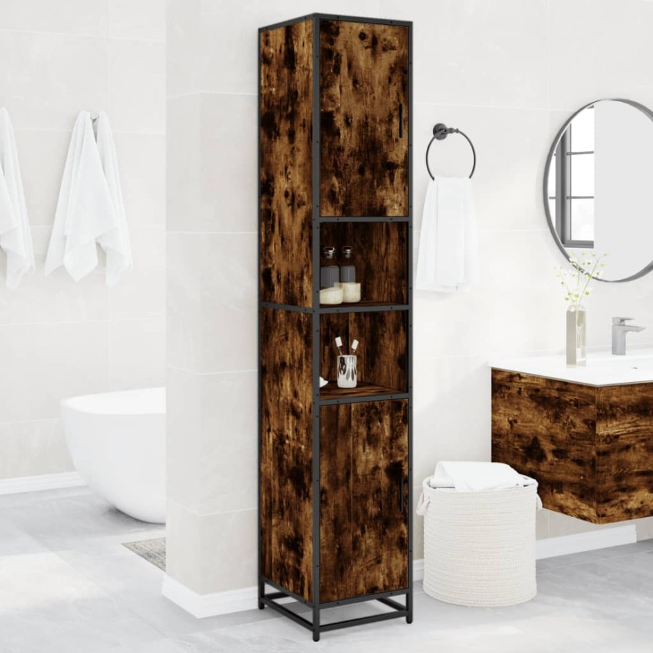 Armario de baño madera y metal roble ahumado 35x37,5x188,5