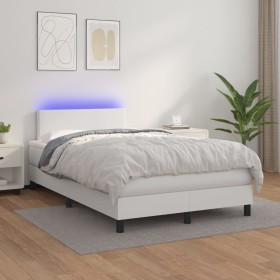 Cama box spring colchón y LED cuero sintético blanco 120x200
