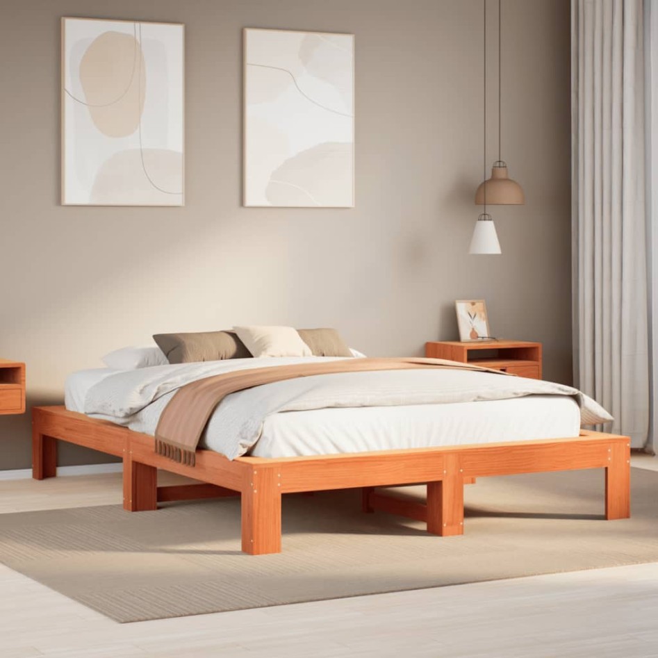 Cama sin colchón madera maciza de pino marrón cera 160x200