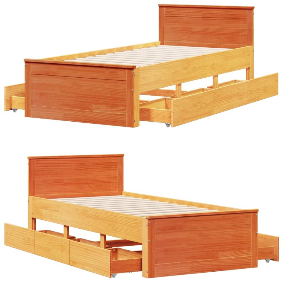 Cama con cabecero sin colchón madera de pino marrón 90x200