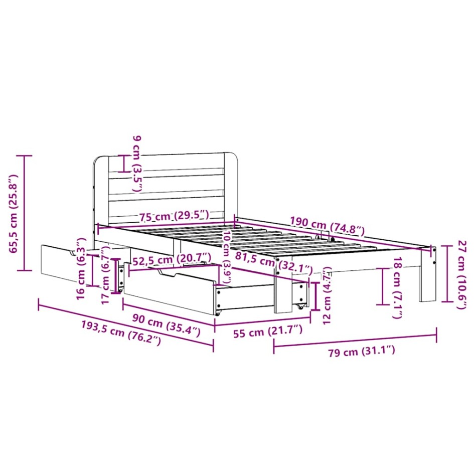 Estructura de cama sin colchón madera maciza marrón 75x190