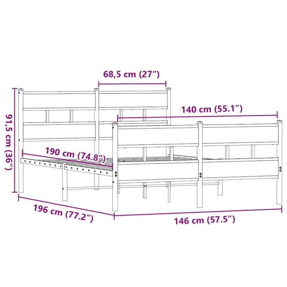 Estructura de cama sin colchón metal roble ahumado 140x190