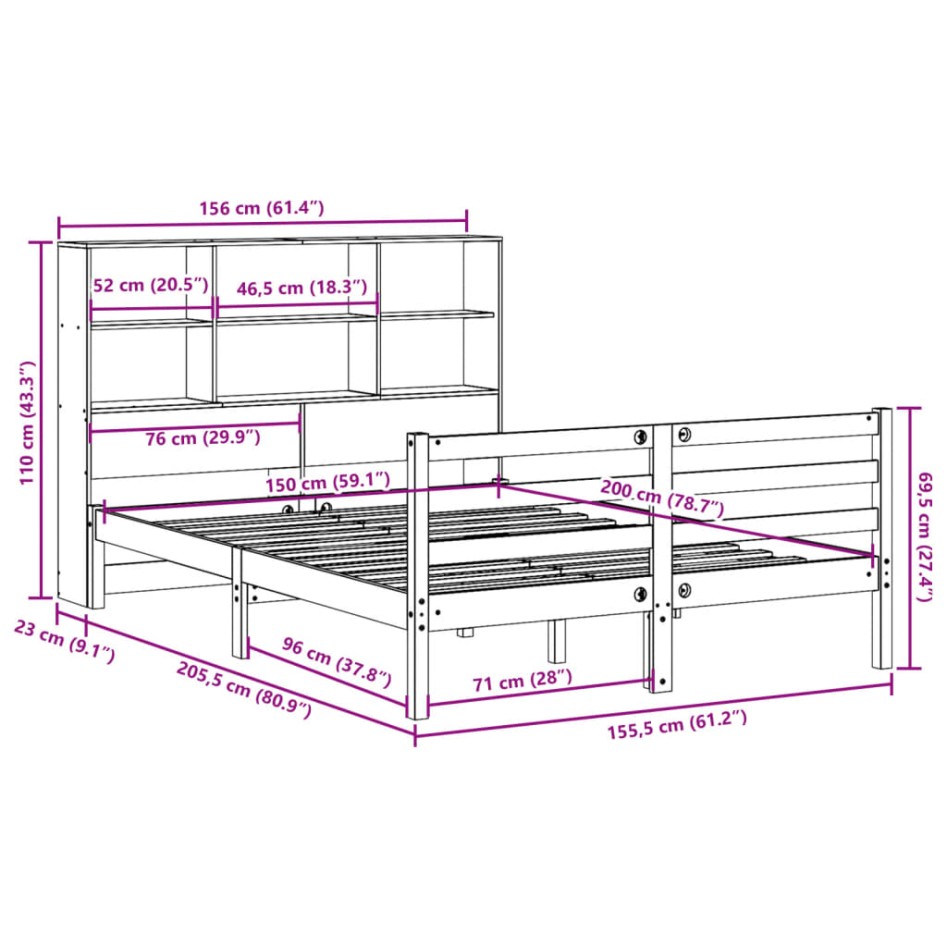 Cama con estantería sin colchón madera maciza de pino
