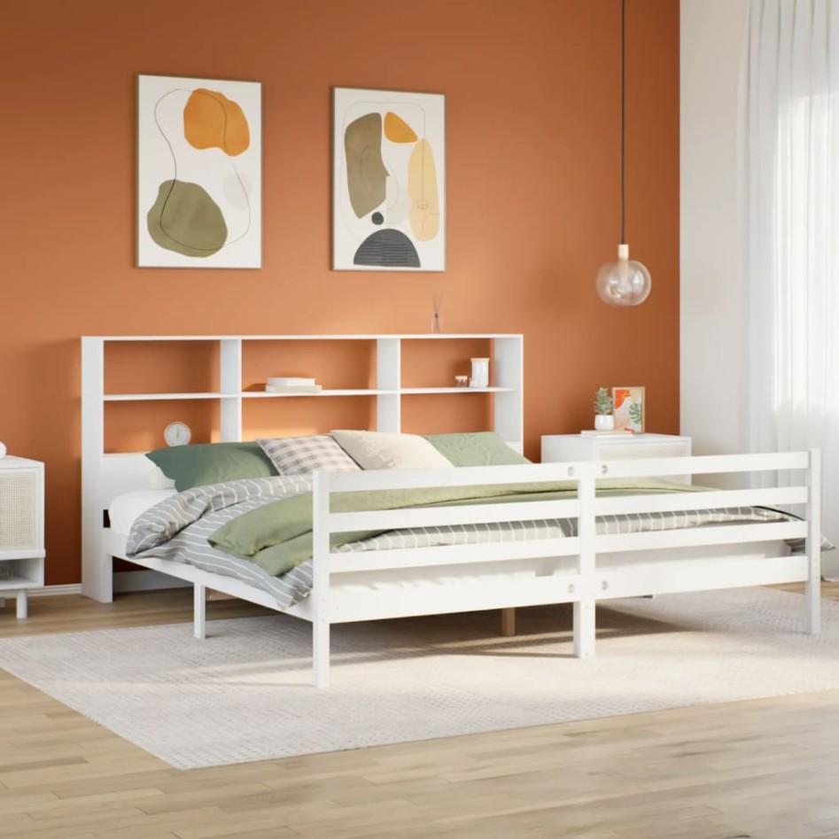 Cama con estantería sin colchón madera maciza blanca 200x200
