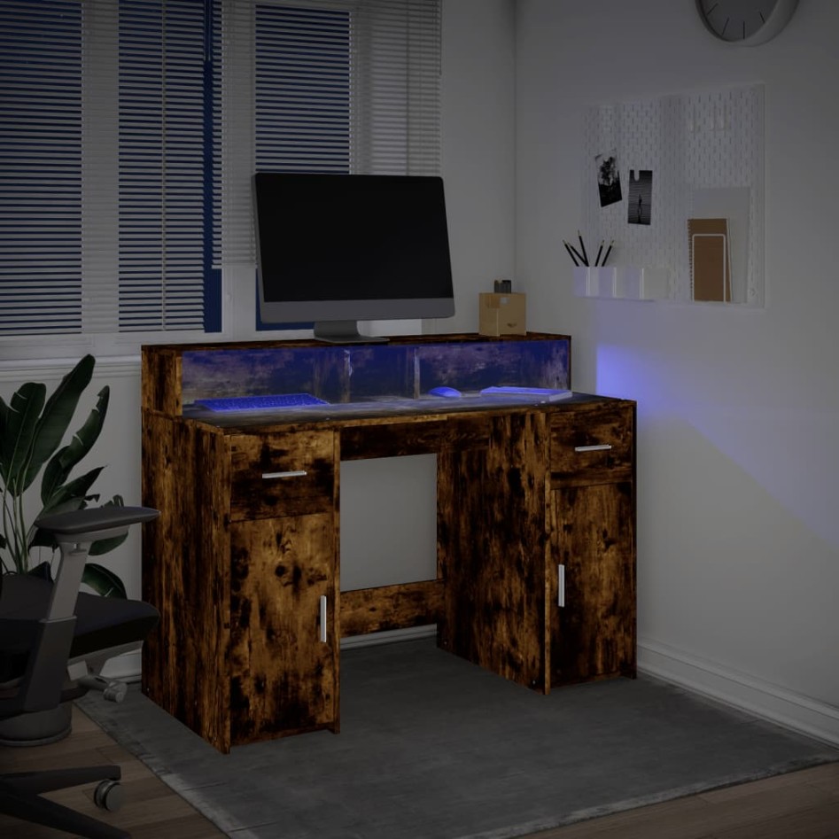 Escritorio con LED madera ingeniería roble ahumado 120x55x91