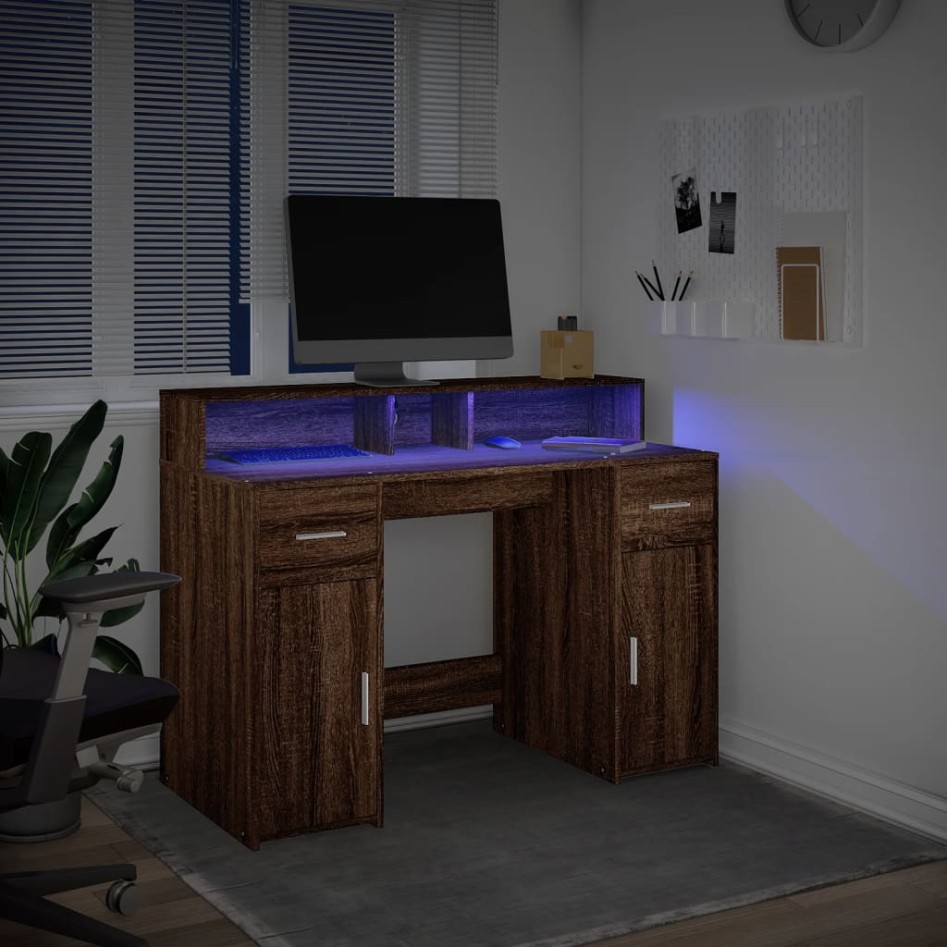 Escritorio con LED madera ingeniería marrón roble 120x55x91