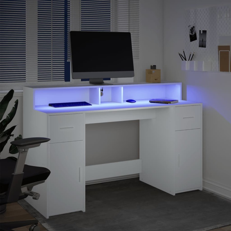 Escritorio con luz LED madera ingeniería blanco 140x55x91